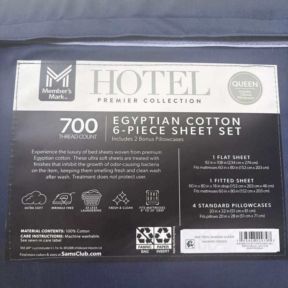 Member's Mark Egyptian Cotton 6-Piece Sheet Set, 700 Thread Count, Queen, Blue